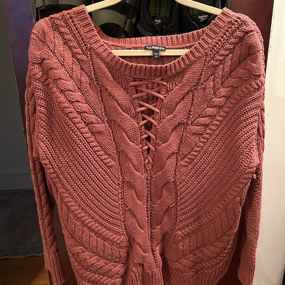 Express Pink Cable Knit Crew Neck Sweater